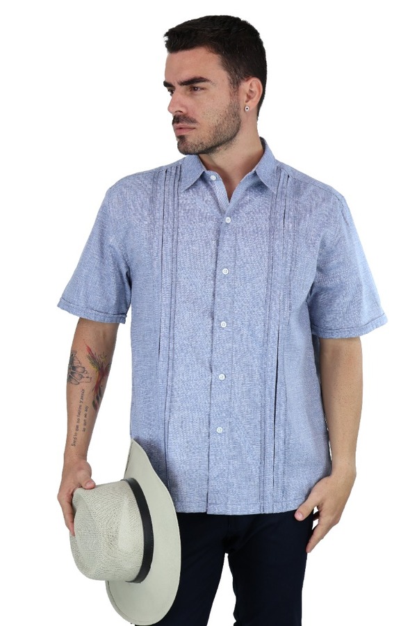 Guayamisa Manga Corta Azul Plúmbago Con Alforza Textura Lino Hombre